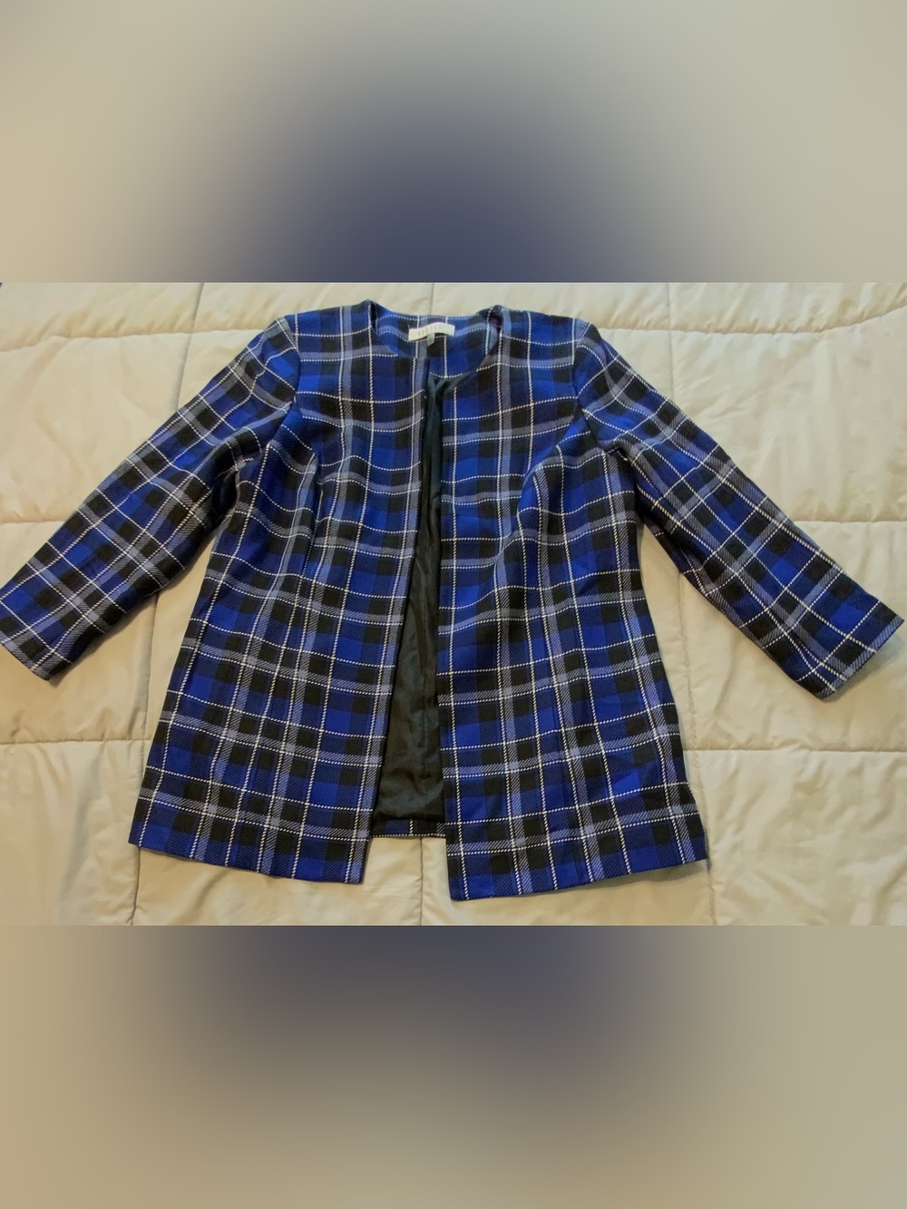 Kasper Blue and Black Plaid Collarless Blazer